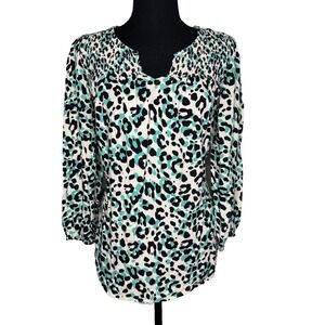 Cato Leopard Print Smocked Blouse | Small Green Black Long Sleeve Top